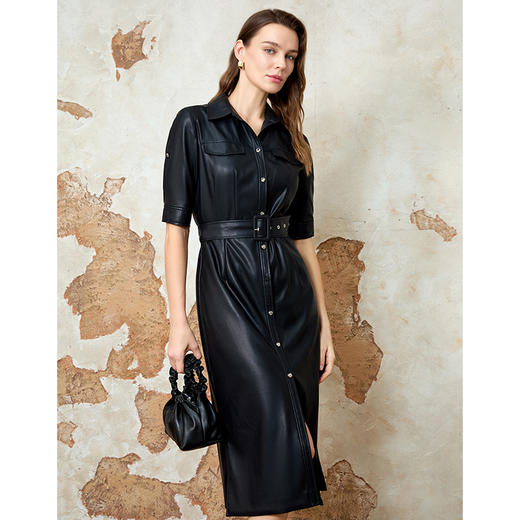 EITIE爱特爱2025春季新款复古时尚干练气质百搭衬衫式皮衣连衣裙8107805 商品图2