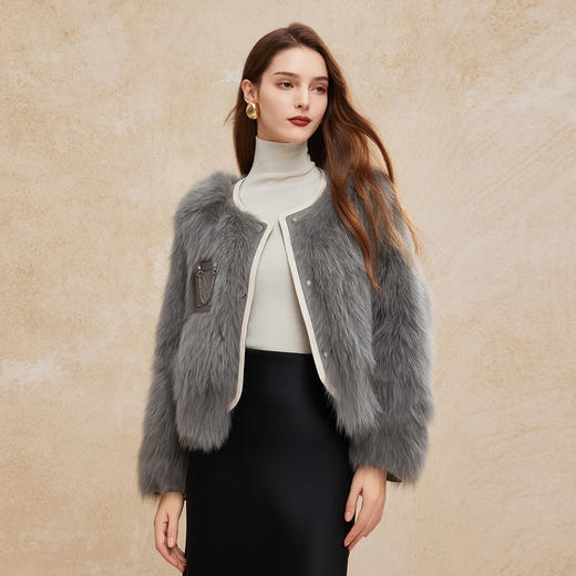 PP612斯尔丽24新款名媛气质狐狸毛小香风拼接绵羊皮撞色口袋减龄皮草 商品图0