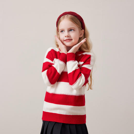 mettekids儿童100%羊绒衫秋冬女童条纹毛衣中大童男童针织衫童装 商品图1