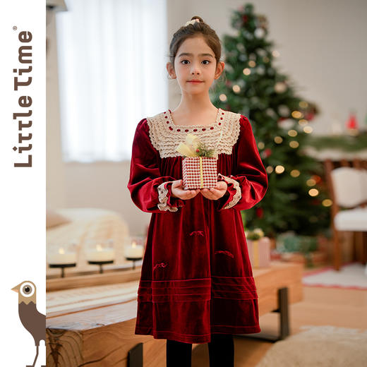 littletime女童酒红丝绒裙2024秋冬新款复古秋冬长袖公主连衣裙 商品图1