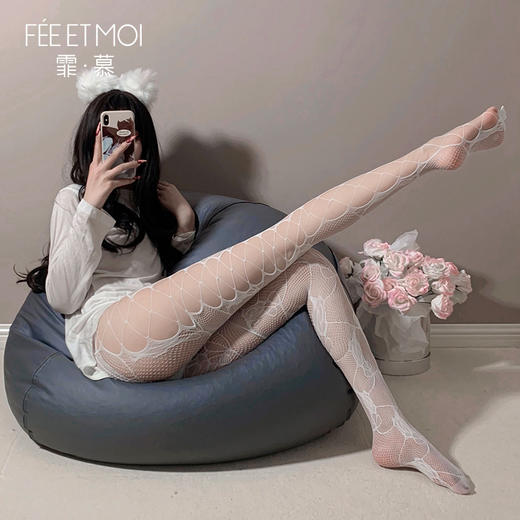 霏慕 侧镂空破洞玫瑰提花连裤网袜7340 女士性感情趣内衣黑丝白丝 商品图4