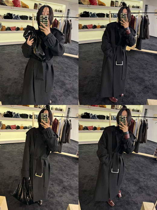 HIDEMI 节日系列进口羊麂皮拼接领极简设计感肩章宽肩大廓形可拆卸粗腰带军装感长款大衣 商品图3