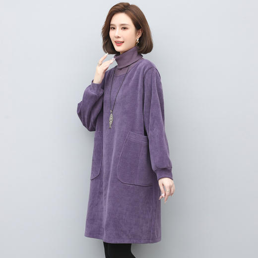 XS9409 灯芯绒连衣裙秋冬女士2024新款韩版宽松中长款加绒加厚高领卫衣裙 商品图1