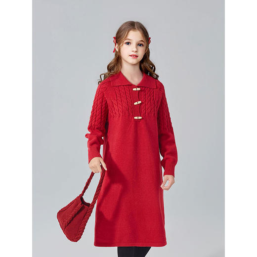 笛莎Deesha青少年女童连衣裙2024冬季新年日常系毛织连衣裙 商品图2