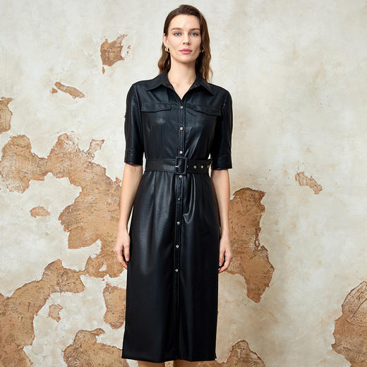 EITIE爱特爱2025春季新款复古时尚干练气质百搭衬衫式皮衣连衣裙8107805 商品图5