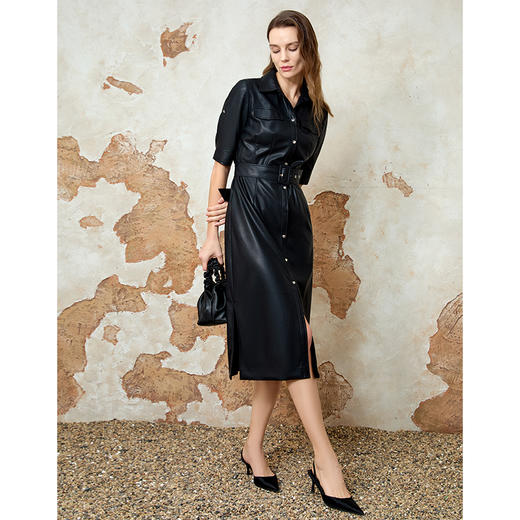 EITIE爱特爱2025春季新款复古时尚干练气质百搭衬衫式皮衣连衣裙8107805 商品图1