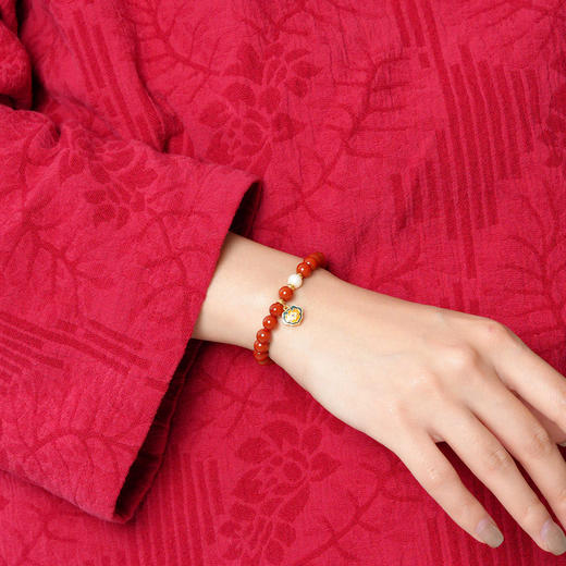 如意平安天然南红手串6mm  新中式赤玉手链带淡水珍珠如意锁带证书 商品图1