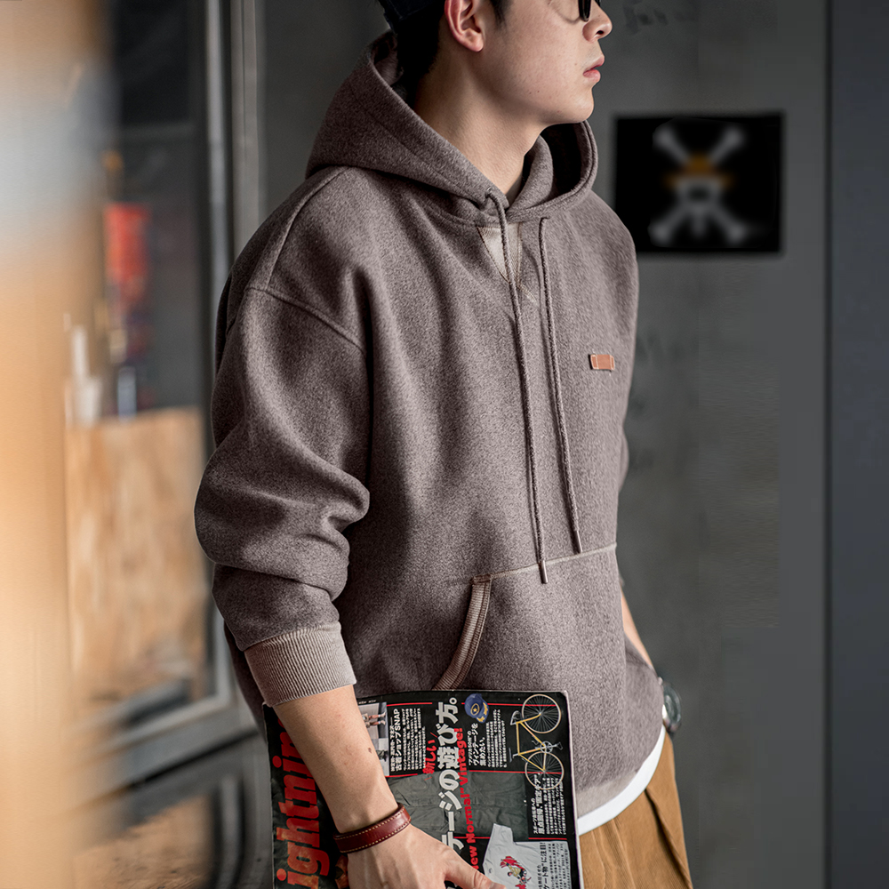 工装优选美式复古毛呢连帽卫衣重磅加厚套头帽衫休闲上衣男秋冬季