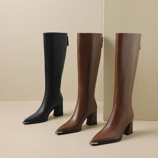 【预售5天】秋冬季设计感瘦瘦靴不过膝金属尖头粗跟高跟长靴女KLLN&kl2879 商品图2