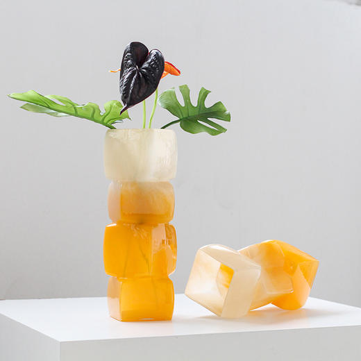 中古风渐变阳光橘几何方块台面鲜花花瓶餐桌软装酒店电视柜装饰品 商品图3