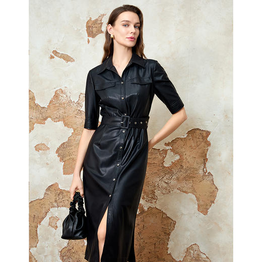 EITIE爱特爱2025春季新款复古时尚干练气质百搭衬衫式皮衣连衣裙8107805 商品图3