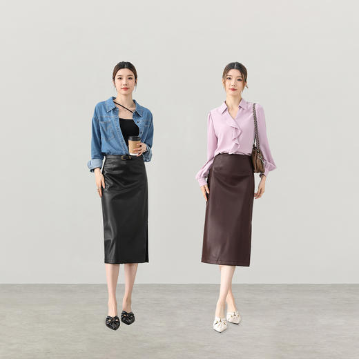 【尚都比拉】时髦柔软PU皮通勤百搭包臀开衩裙中长裙美拉德复古高腰加绒半裙-151Q58382
 商品图2