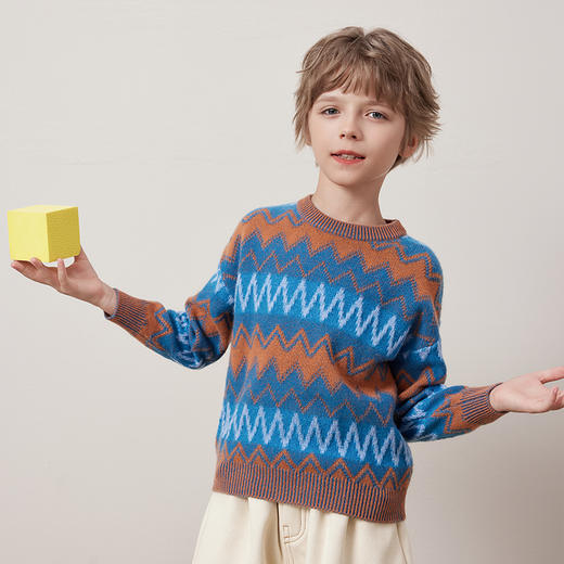 mettekids儿童100%羊绒衫秋冬新款男童折线提花针织衫童装毛衣 商品图1