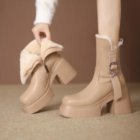 【预售5天】羊皮毛一体防水台真皮雪地靴冬季方头厚底粗跟方扣保暖马丁靴HX&38-881