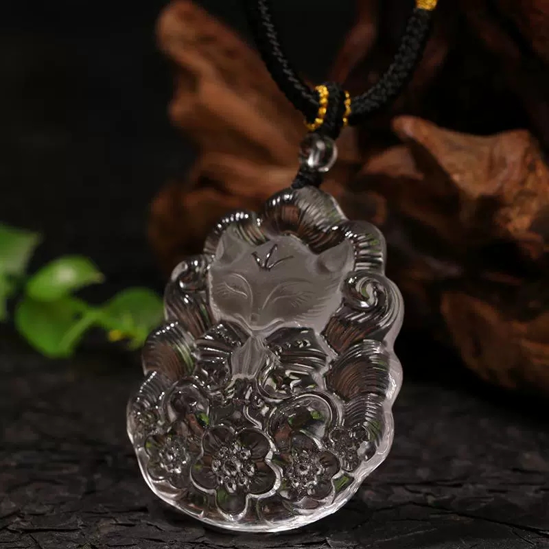 天然白水晶狐狸吊坠精雕桃花九尾狐项链挂件