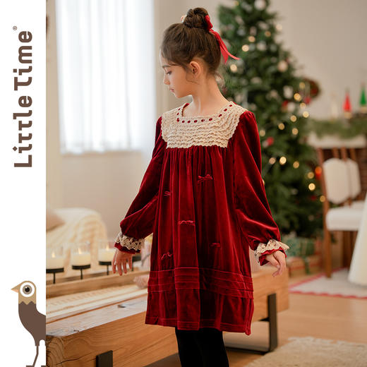 littletime女童酒红丝绒裙2024秋冬新款复古秋冬长袖公主连衣裙 商品图3