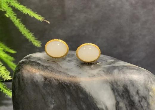 【御珠宫坊】金镶羊脂白玉耳钉 商品图1