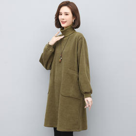 XS9409 灯芯绒连衣裙秋冬女士2024新款韩版宽松中长款加绒加厚高领卫衣裙