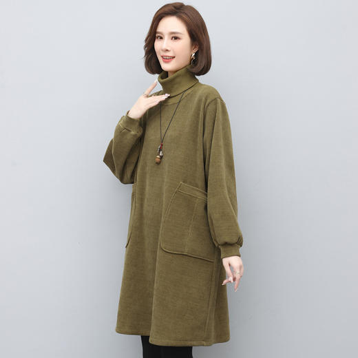 XS9409 灯芯绒连衣裙秋冬女士2024新款韩版宽松中长款加绒加厚高领卫衣裙 商品图0