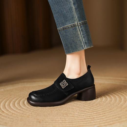 【预售5天】羊皮乐福鞋圆头复古风小皮鞋，魔术贴中跟深口单鞋DPJ&2955 商品图0