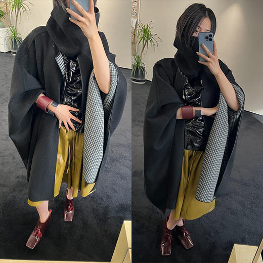 HIDEMI 节日系列进口双面双色色织格纹羊毛毛呢可拆卸分体脖套皮边设计感两面穿斗篷大衣 商品图1