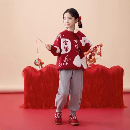 【国潮喜庆拜年服❗️亲子平安喜乐红色毛衣】新年氛围满满的设计，灵蛇贺岁，舒适柔软又保暖， 儿童时髦本命蛇年，喜庆拜年服秋冬针织衫L 商品图1