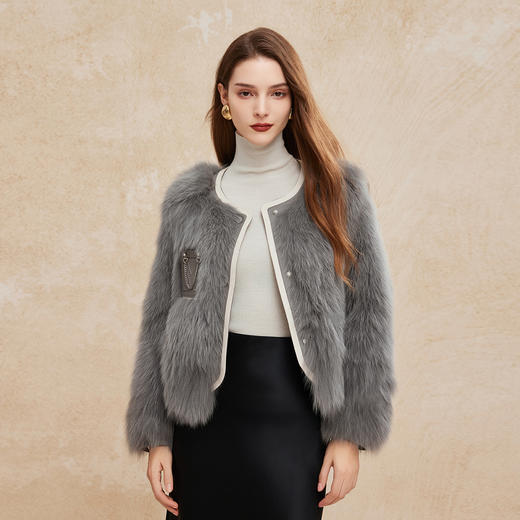 PP612斯尔丽24新款名媛气质狐狸毛小香风拼接绵羊皮撞色口袋减龄皮草 商品图2