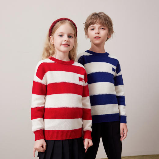 mettekids儿童100%羊绒衫秋冬女童条纹毛衣中大童男童针织衫童装 商品图3