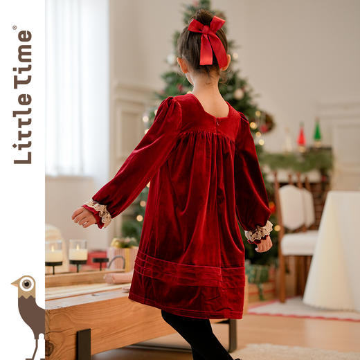 littletime女童酒红丝绒裙2024秋冬新款复古秋冬长袖公主连衣裙 商品图4