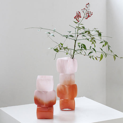 中古风渐变落日红几何方块花瓶餐桌软装酒店电视柜台面装饰品摆件 商品图0