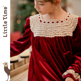 littletime女童酒红丝绒裙2024秋冬新款复古秋冬长袖公主连衣裙