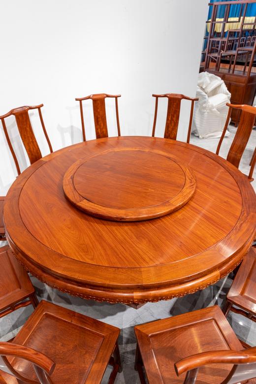 红桥红  家具严选  缅甸花梨(大果紫檀）  【178 雕花牙边六角底座 圆餐桌十三件套】 商品图2