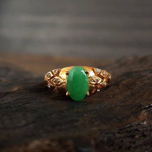 【天然正品】A货翡翠AU750黄金镶钻镶天然糯种满绿蛋面翡翠戒指12.5号（戒圈可改）女士现售价：2680特价！181124NJM49 商品图4