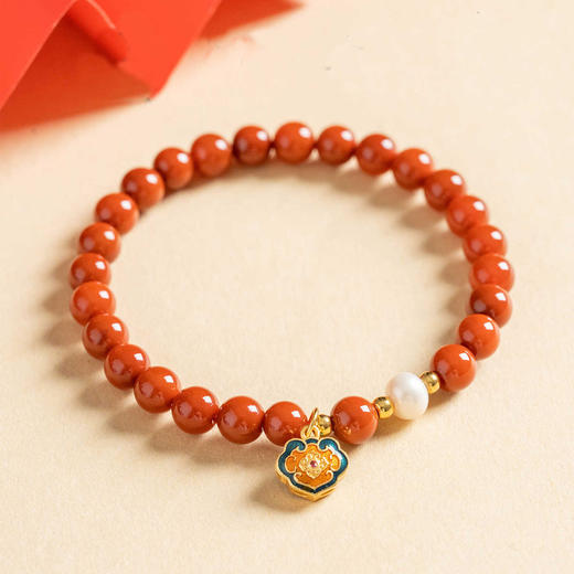 如意平安天然南红手串6mm  新中式赤玉手链带淡水珍珠如意锁带证书 商品图0