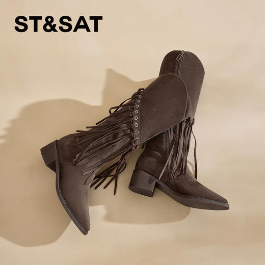 星期六时髦复古流苏粗跟长靴SSC4119CSV 商品图7