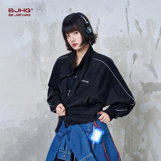 BJHG不计后果美式慵懒chic短款外套女春秋季麂皮绒反光条宽松夹克 商品图3