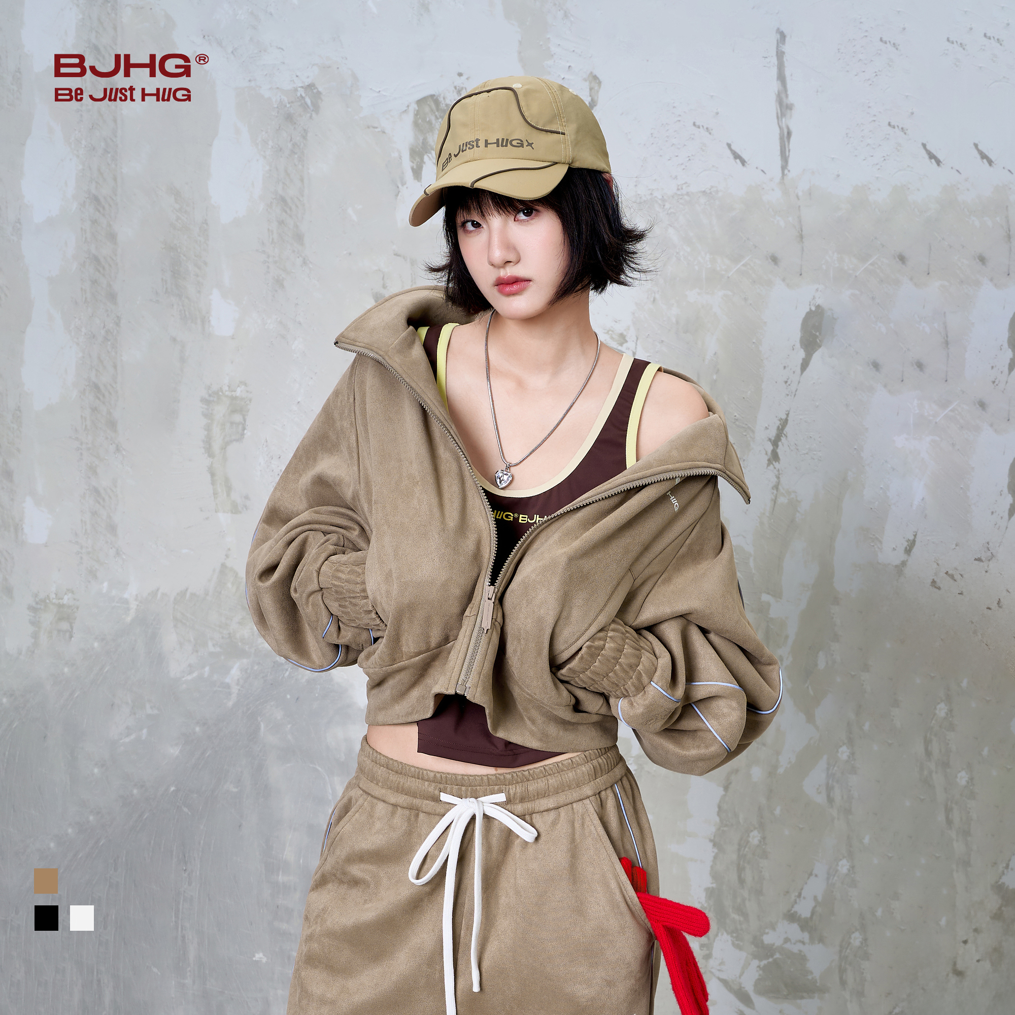 BJHG不计后果美式慵懒chic短款外套女春秋季麂皮绒反光条宽松夹克