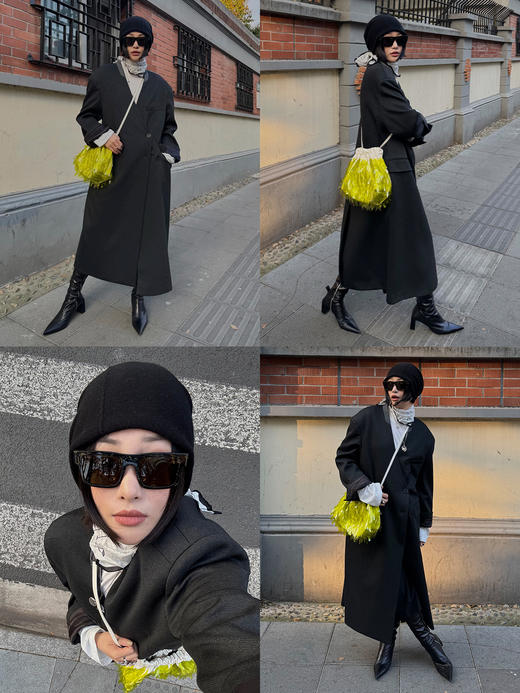 HIDEMI 甄选可再生纤维斜纹复古感v领宽肩大廓形厚款高织高克重长款西装西服大衣 商品图1