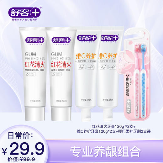 【4支牙膏+2支牙刷组合】舒客青竹晶盐牙膏120g 维C养护牙膏120g 樱巧柔护牙刷2支 防蛀清新组合 商品图2