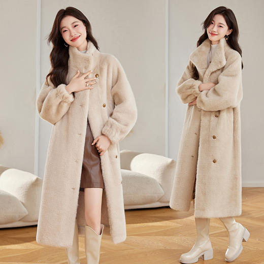 羊羔毛皮毛一体外套中长款，秋冬时尚仿水貂绒环保皮草毛毛大衣HR-8845 商品图1