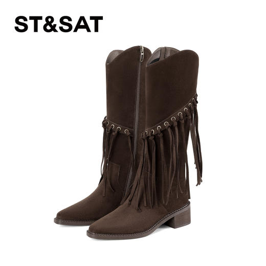 星期六时髦复古流苏粗跟长靴SSC4119CSV 商品图8