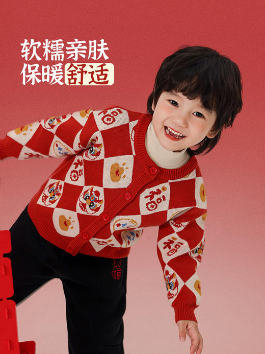 【金狮送福❗️儿童喜庆红色毛衣】寓意如衣祝福满怀，满满细节感，拜年软毛衣光洁手感，贴服无摩擦，冬季新年装开衫外套纯棉L 商品图2