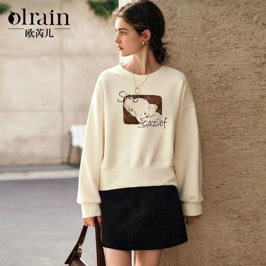 OLrain欧芮儿法式杏色卫衣女冬季2024年新款学校刺绣圆领上衣 商品图0