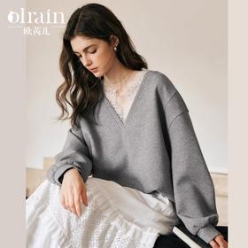 OLrain欧芮儿法式V领卫衣女冬季2024新款别致蕾丝宽松套头衫薄款
