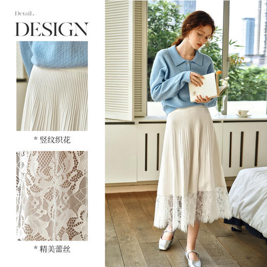 OLrain欧芮儿法式白色半身裙女春季2025年新款蕾丝花边拼接针织裙 商品图2