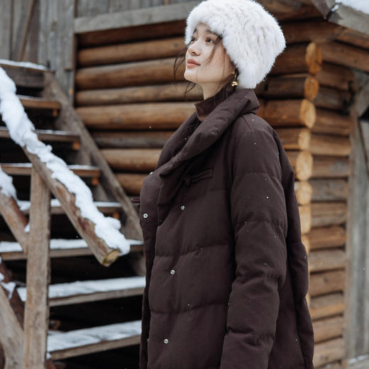 绽放868朵/冬季95白鹅绒中式盘扣磨砂质感立领长款中空纱羽绒服 商品图1