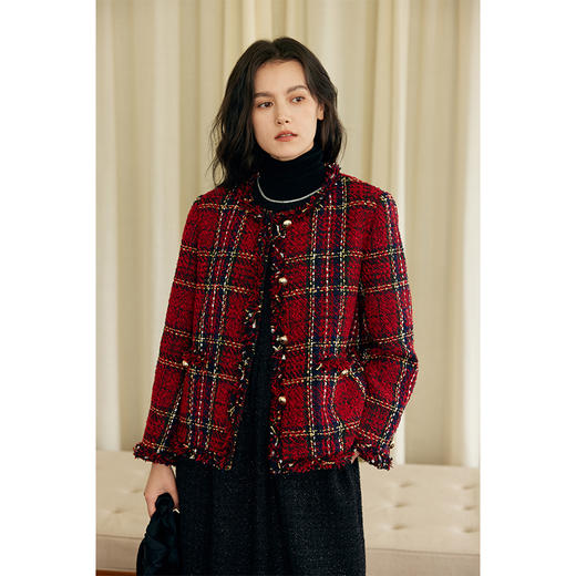 HeyDress格纹毛边小香风外套女冬季宽松显瘦经典圣诞红色厚款上衣 商品图0