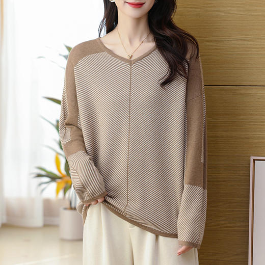 CC-SYX-9036桃心领打底衫女秋冬条纹撞色上衣时髦毛衣大码羊毛针织衫 商品图3