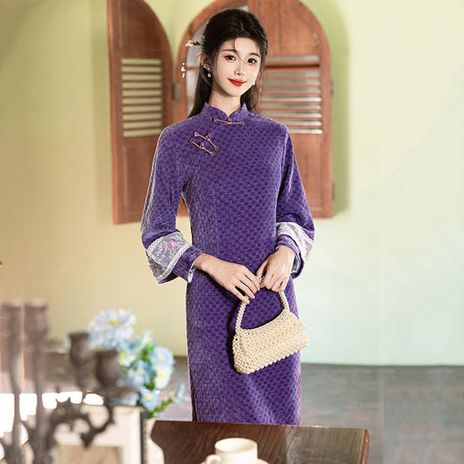 紫色加厚国风中式改良旗袍，复古长袖马甲两件套拜年服ZQYS-SC20463 商品图3