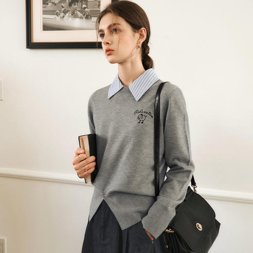 OLrain欧芮儿灰色套头针织衫女冬季2024年新款通勤开叉圆领长袖 商品图1